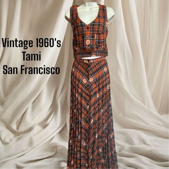 Tami Original San Francisco Vintage 1960's 2 Piece Red Plaid Maxi Skirt Vest Set - Picture 1 of 16